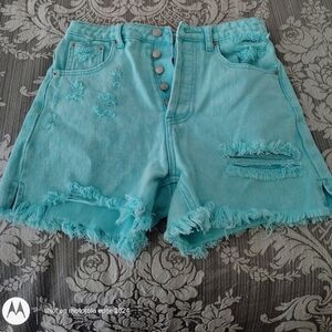 Signature8 Turquoise Frayed Jean Shorts